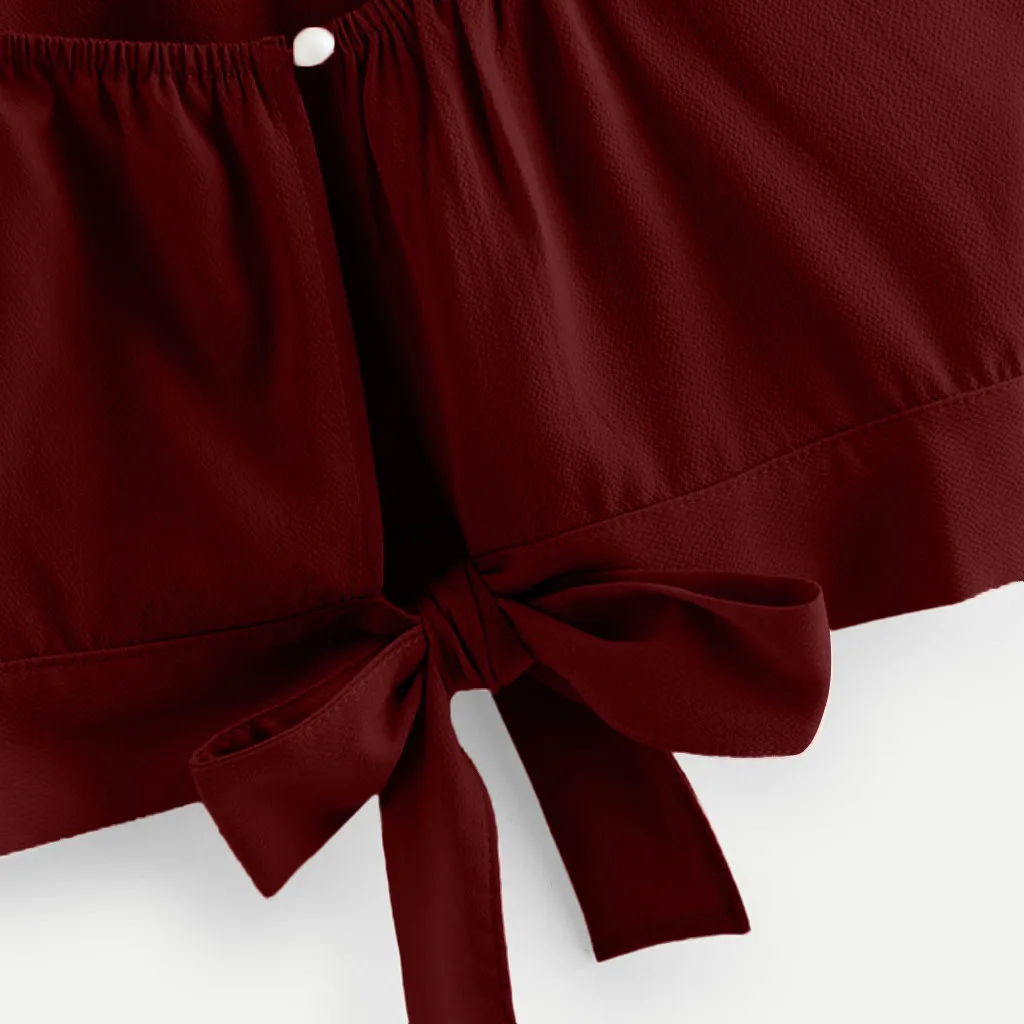 Кроп-майка женская с бантом на спине повседневный однотонный топ V-образным