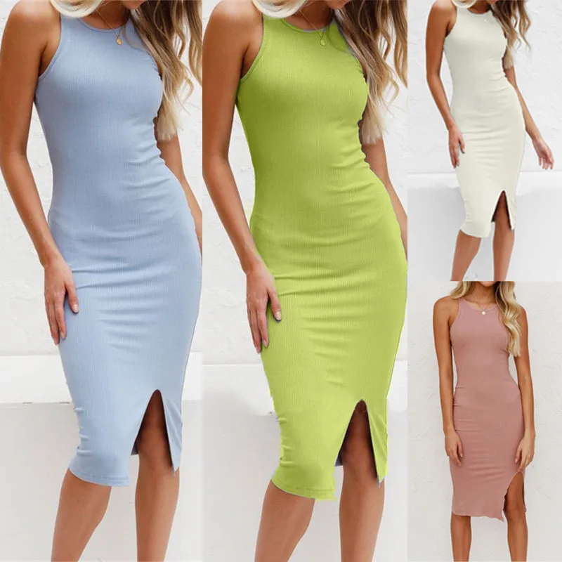 

Solid Knit Dress Women Blue Summer Sexy Bodycon Sleeveless Spaghetti Strap Beach Party Midi Dresses Pencil Dress Elegant 2021