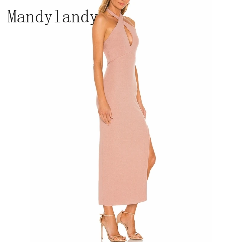 

Платье Mandylandy женское с лямкой на шее, пикантное ажурное платье с открытой спиной, на бретелях-спагетти, повседневное однотонное облегающее ...