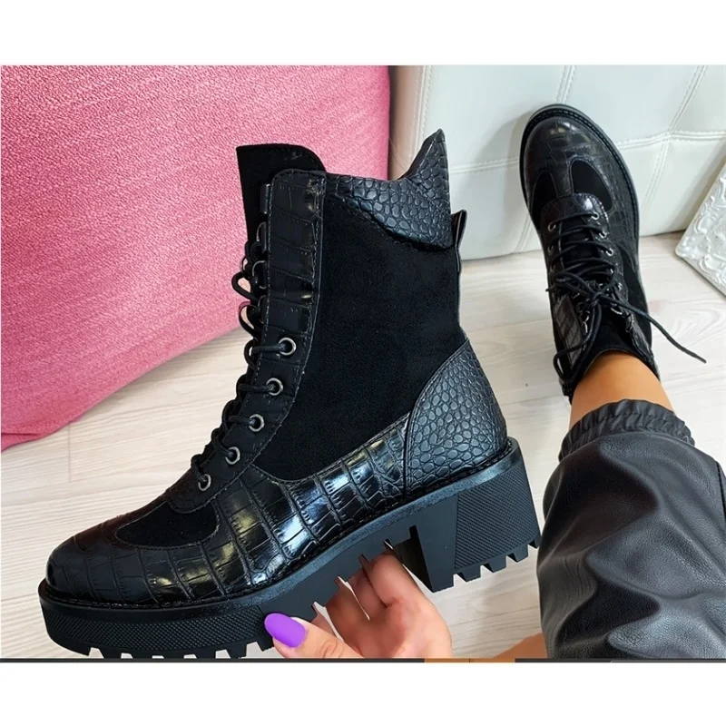 

New 2021 Mid Heel square heel 40-43 front lace up low cut boots