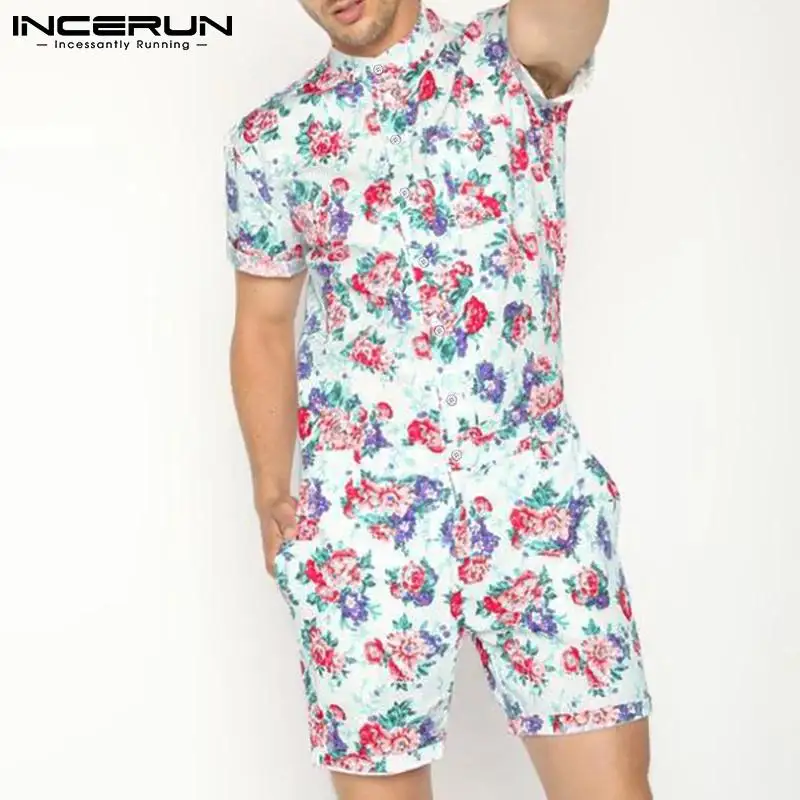 

Men Rompers Flower Printed Lapel Short Sleeve Casual Overalls Streetwear 2021 Summer Hawaiian Vacation Jumpsuits S-3XL INCERUN