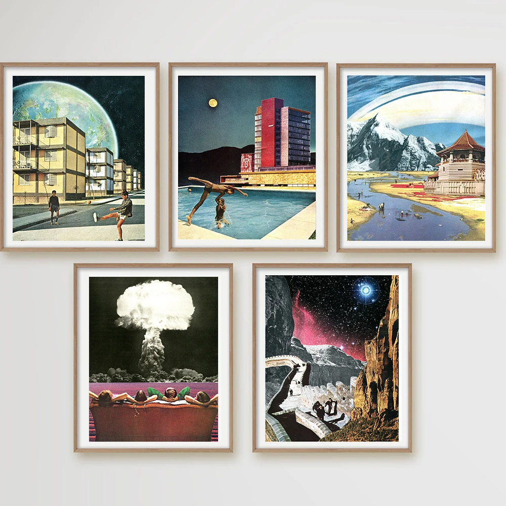 

Surrealism Vintage Sky Artwork Posters and Prints Retro Canvas Sci Fi Art Painting Collage Wall Picture for Bedroom Home Decor