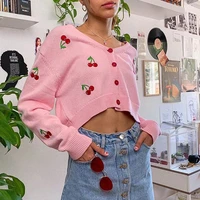 women autumn long sleeve v neck cardigan cherry embroidery argyle plaid knitted crop top single breasted button loose sweater ou
