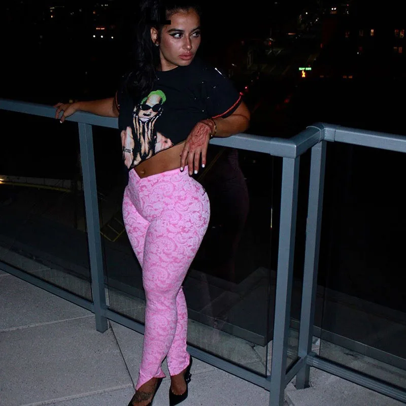 

Mid Waist Fitness Athletic Active Streetwear Printed Side Slit Women Leggings Skinny Spring 2021 Casual Workout Pants