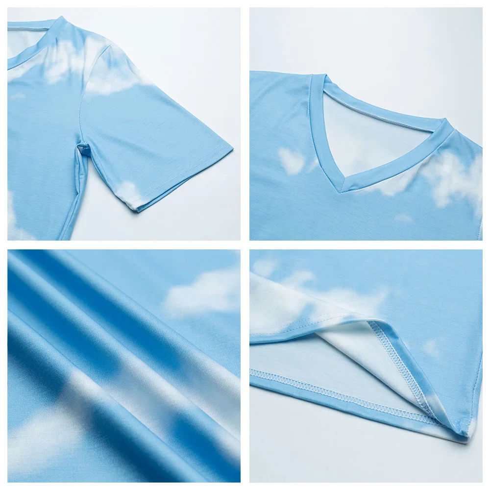 

Women Two Piece Set Tie-dye Short Sleeve Top Drawstring Hot Shorts V-Neck Loose Lounge Set Sleepwear Casual Tracksuit Female Set