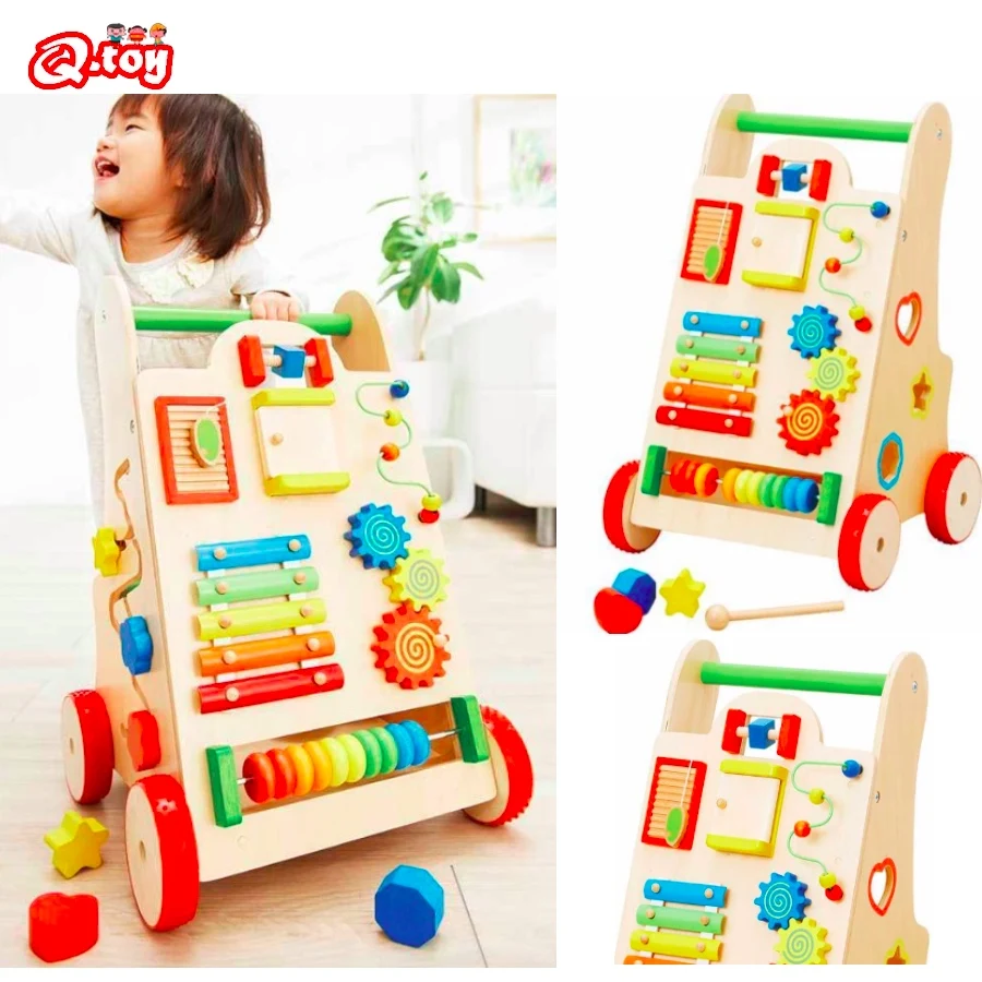 

wooden baby walker children's multifunctional wooden toddler toy trolley puzzle walker toy Sit-to-Stand Learning Walker wagon