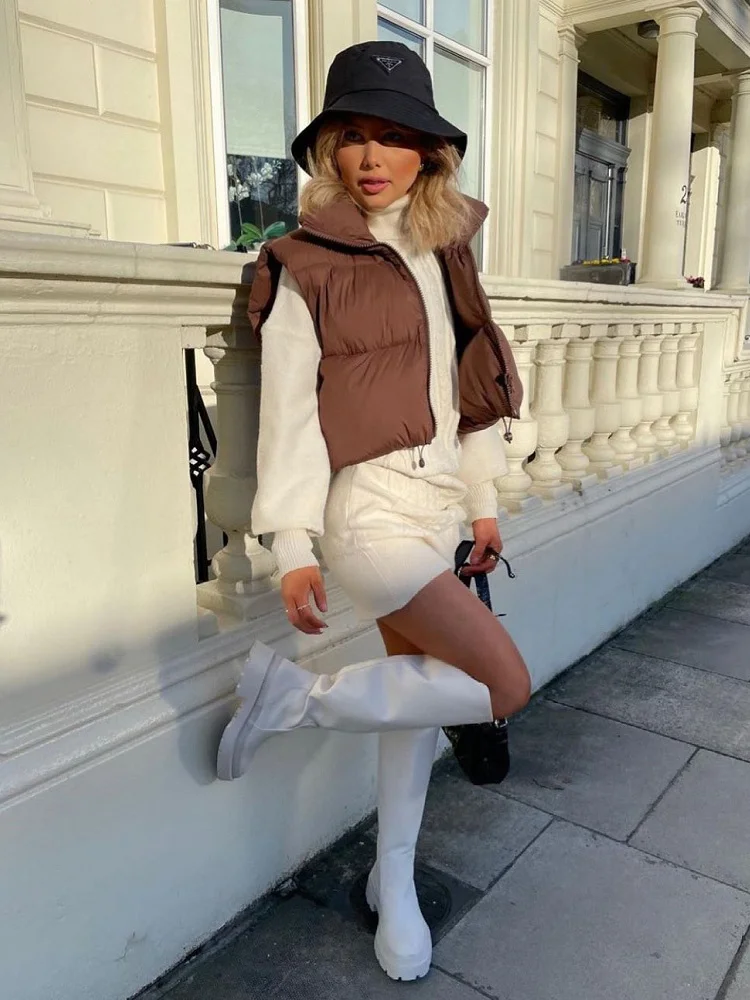 

2021 Women Fashion Brown Cropped Vest Coat Female Stand Collar Zipper Waistcoat Ladies Casual Outerwear