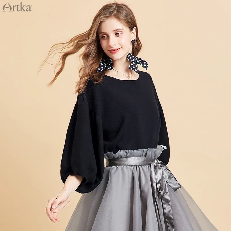 ARTKA 2019 Autumn Winter New Women Sweater Fashion Minimalist Knitted Sweaters O-Neck Pullover Lantern Sleeve YB11395Q | Женская одежда