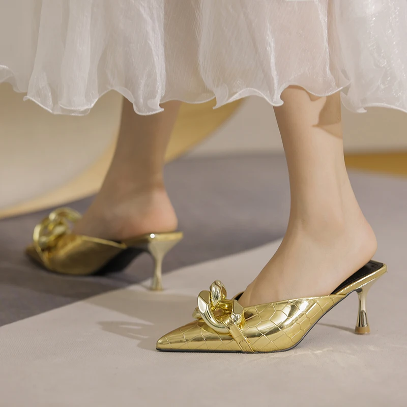 Туфли женские на высоком каблуке роскошные брендовые шлепанцы блестящие