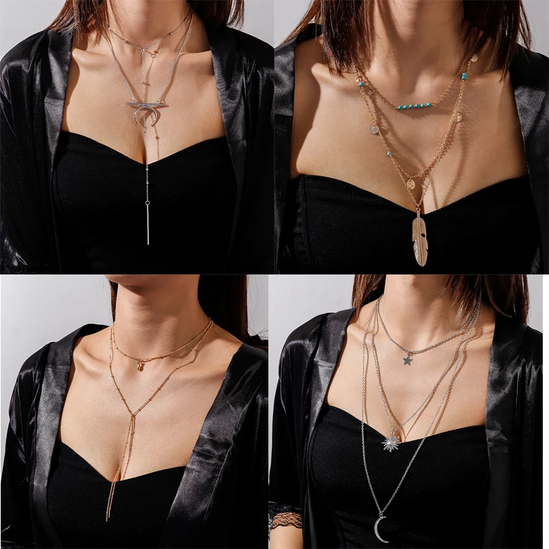 

Creative Multilayer Star Moon Sun Necklaces for Women Gold Color Sequins Long Sweater Chian Necklaces Pendants Girl Jewelry