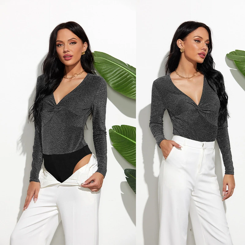 Женское Клубное боди Y2K элегантное блестящее с глубоким V-образным вырезом и