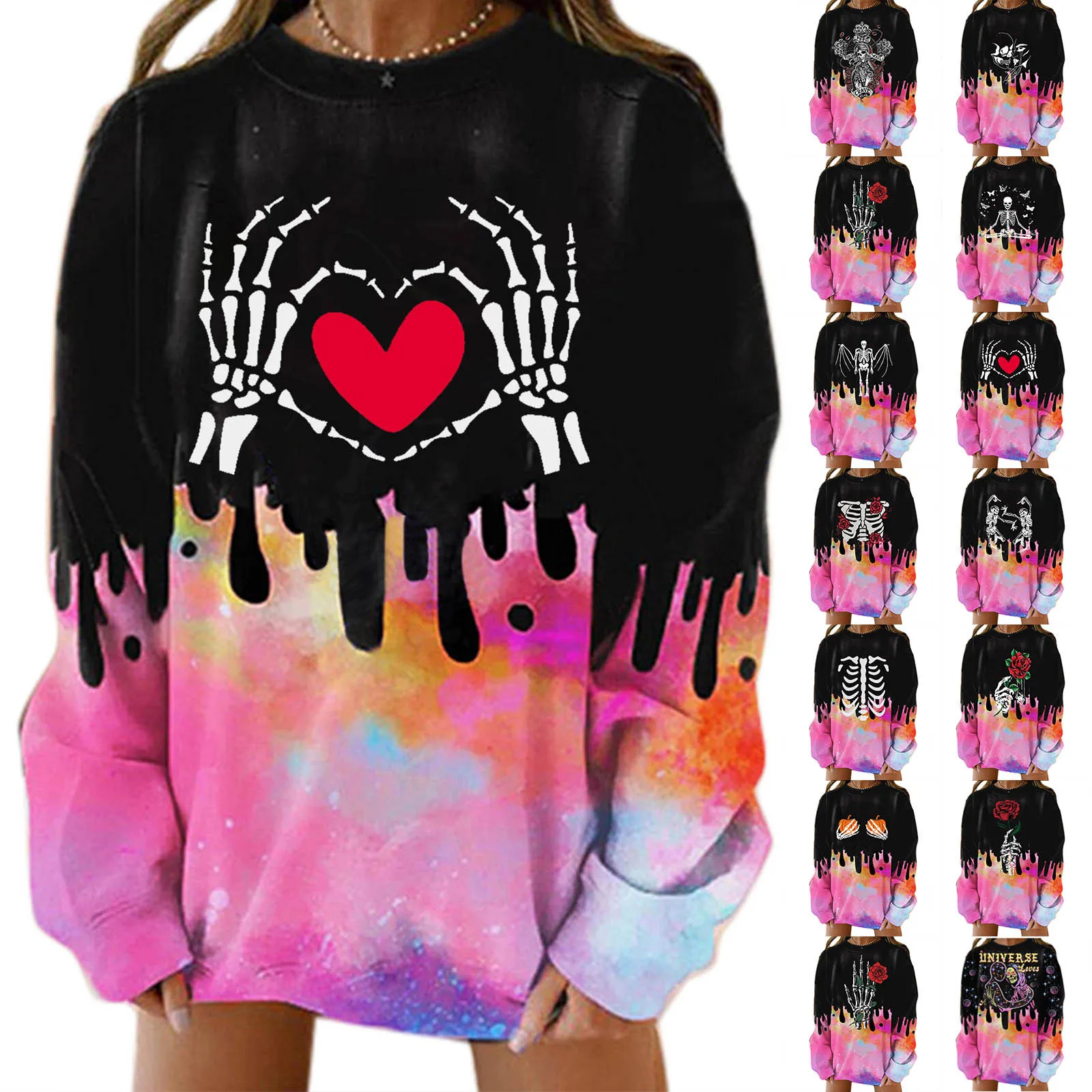 

Толстовка женская оверсайз с капюшоном, Модный свитшот с разноцветными вставками, топ свободного кроя с круглым вырезом и принтом на Хэллоу...