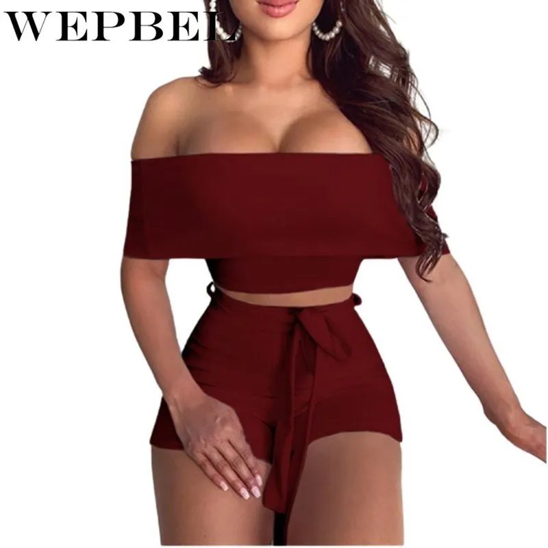 

WEPBEL Women Summer Sexy Two Piece Set Casual Ladies Off Shoulder Short Sleeve Top + Lace Up High Waist Shorts
