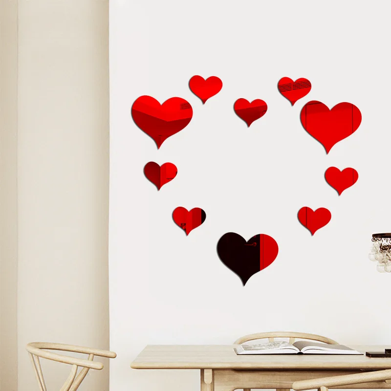 

10pcs Durable Love Stickers Wall Stickers Mirror Murals 3D Decals Simple DIY Decoration Detachable Stickers for Home Decoration