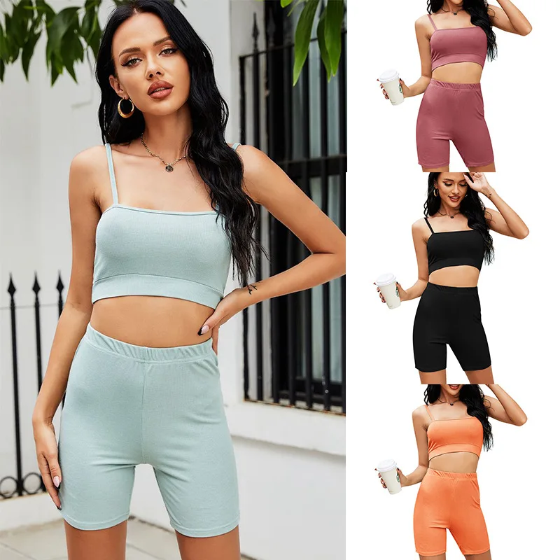 

Donsignet 2021 Summer New Women's Shorts Outfits Sexy Suspender Vest Crop Top Conjunto Feminino Fashion Women Two Piece Suit