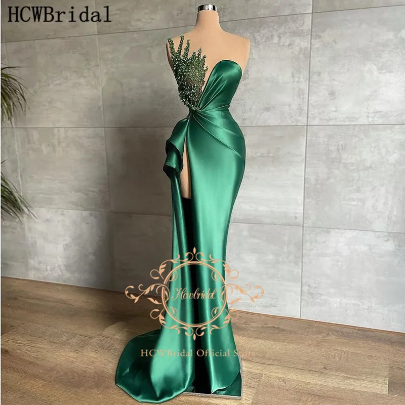 Charming Emerald Green Long Prom Dress See Through High Slit Beads Satin Shiny Special Occasion Gowns Custom Made Robe De Soiree