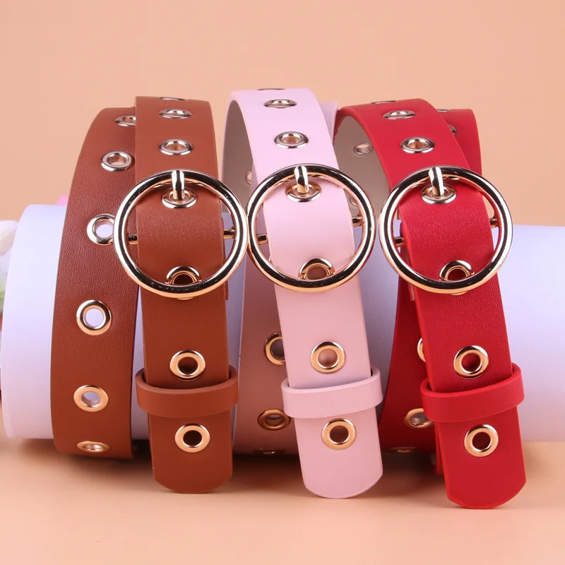 

Женский модный ремень с круглой пряжкой, повседневный однотонный ремень из искусственной кожи с металлической пряжкой, 2021