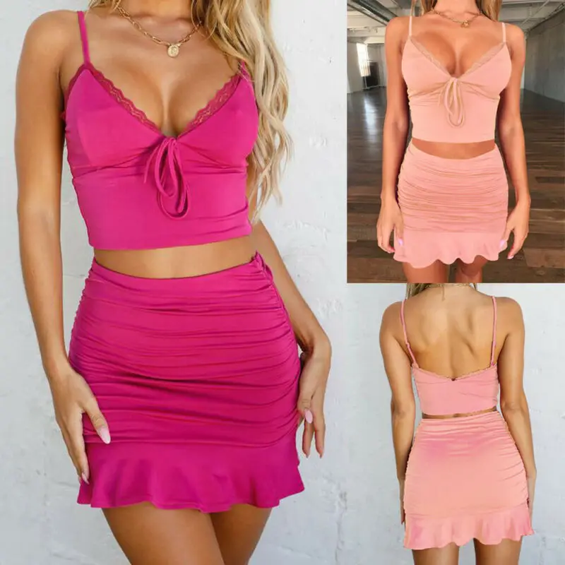 

2 piece set Women Summer Women Sexy V Neck Sling Crop Tops Folds Ruffle Mini Skirts Party tracksuit women conjunto feminino