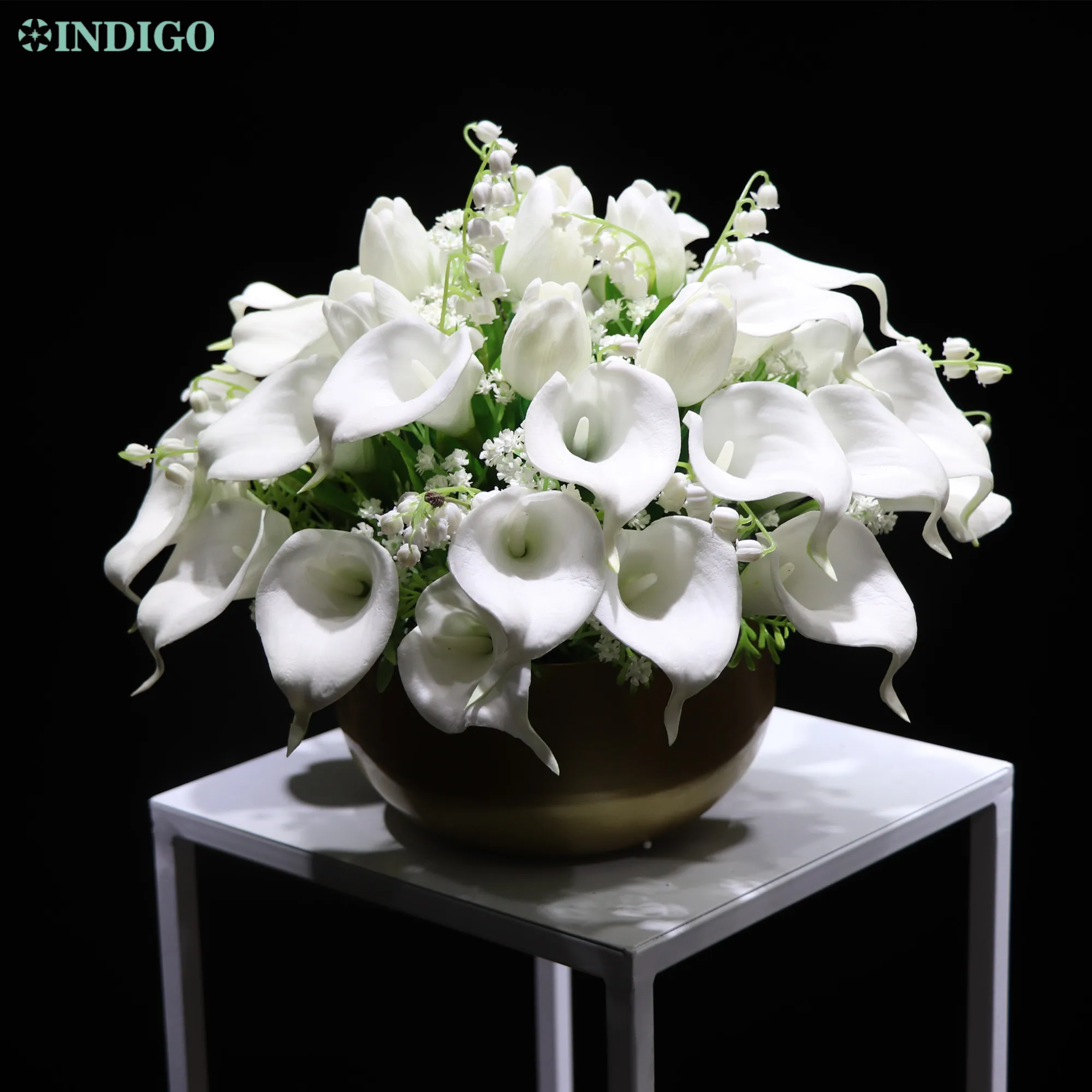 Weiße Calla Blume Mittelpunkt (1 Set Bonsai Mit Metall Topf) Künstliche PU Tulip Angepasst Tisch Blume Arrangment INDIGO