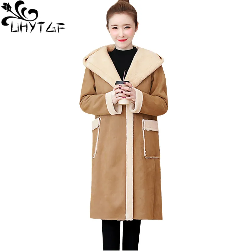 

UHYTGF Quality deerskin autumn winter coat womens lambswool plus velvet Thicken hooded Parker female casual plus size jacket 562