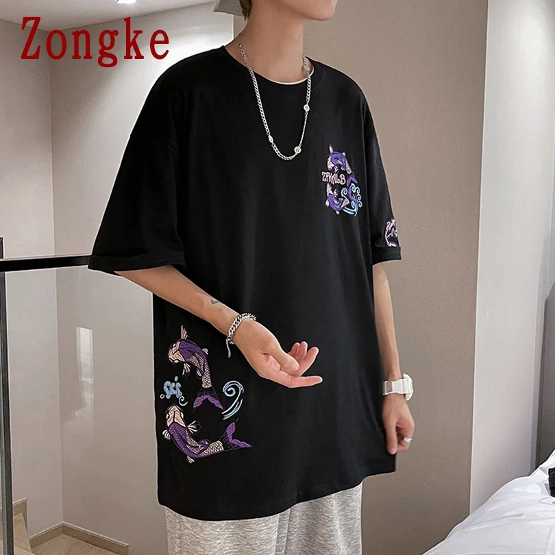 

Zongke Carp Embroidered Cotton T Shirt Men Clothing Harajuku Streetwear Tshirts Men T Shirt Summer Hip Hop 2XL 2021 New Arrivals