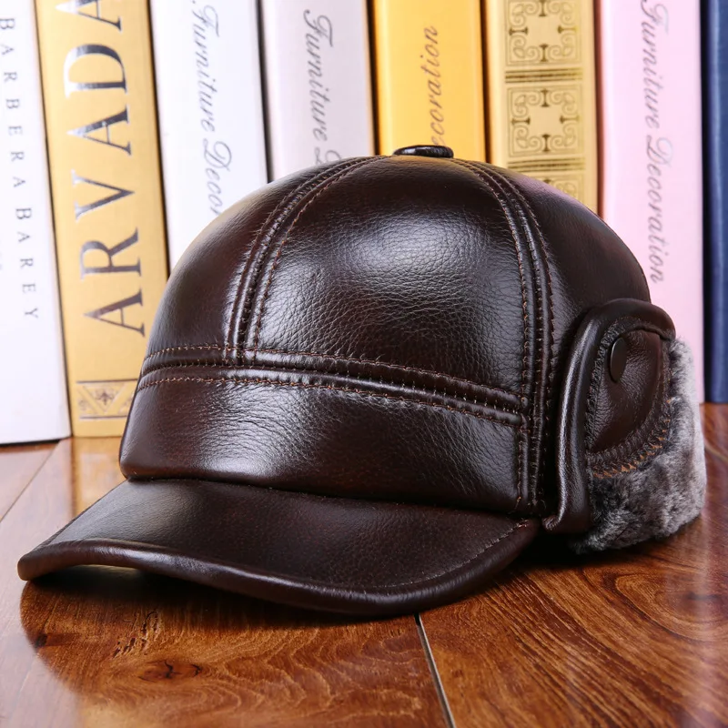

Men's Cap Fashion Warm Ear Protectors Genuine Leather Hat Adjustable Size Brands Cowhide Military Hats Winter