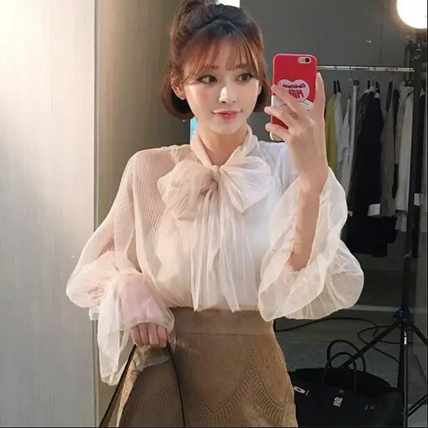 2020 весенне летняя женская блузка с прозрачным галстуком бабочкой белые