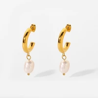 ins hot 18k gold plated stainless steel c shaped hoop earrings jewelry freshwater pearl c shape hoop drop earrings for women
