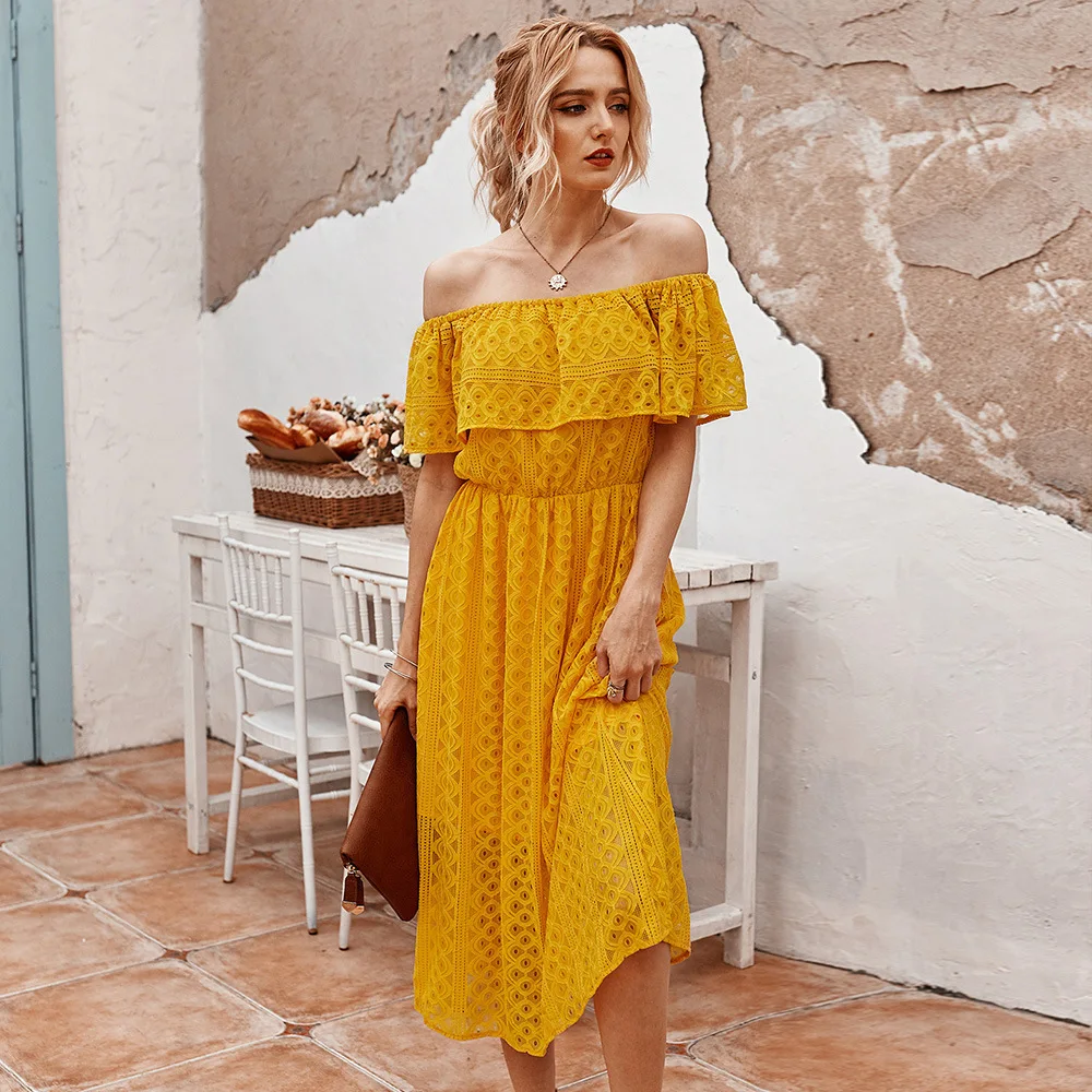 

2021 New Ladies Elegant Summer Lace Off The Shoulder Dress Women Casual Slash Neck Solid High Waist Mid-calf Dress