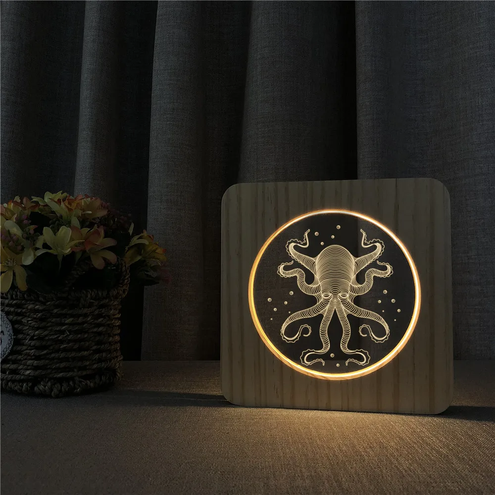 Маленький прекрасный Осьминог животное 3D Деревянный светодиодный настольный