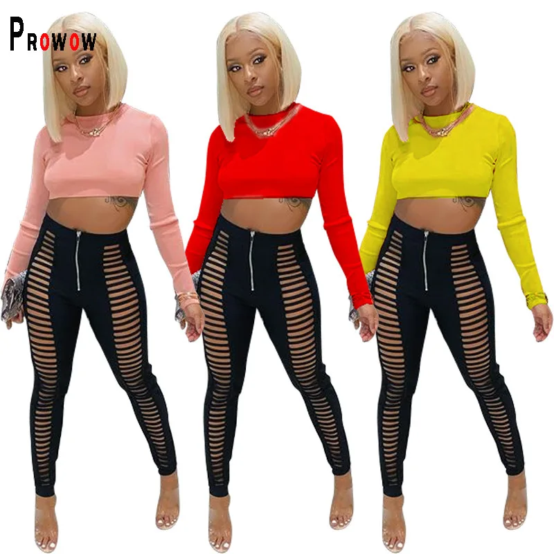 

Prowow Women Clothing Set Long Sleeve Corset Tops Broken Hole Pant Two Piece Streetwear 2021 New Spring Casual Female Outfits