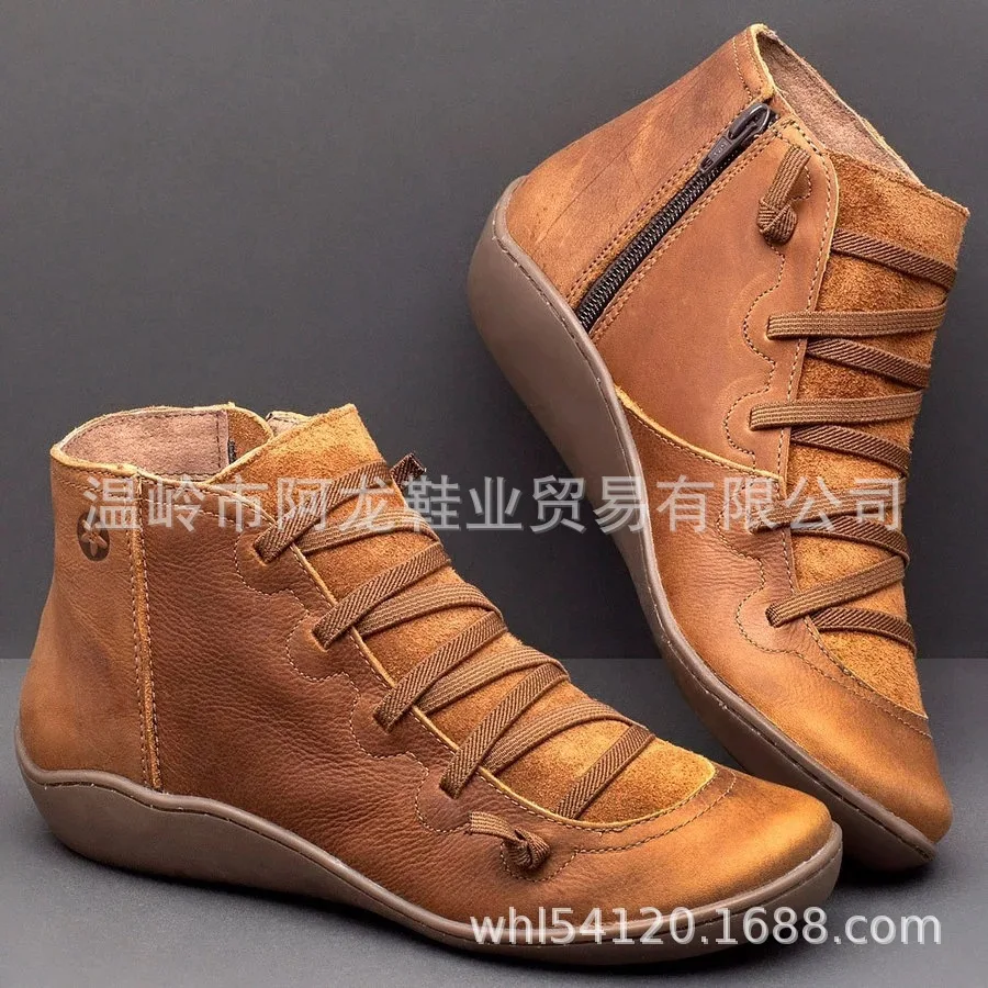 Ботинки женские однотонные на плоской подошве винтажные повседневные короткие