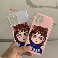 lierreroom original lambskin phone case for iphone 11 pro 12 promax xr xs max sky bule and pink cute cat girl for iphone 12mini