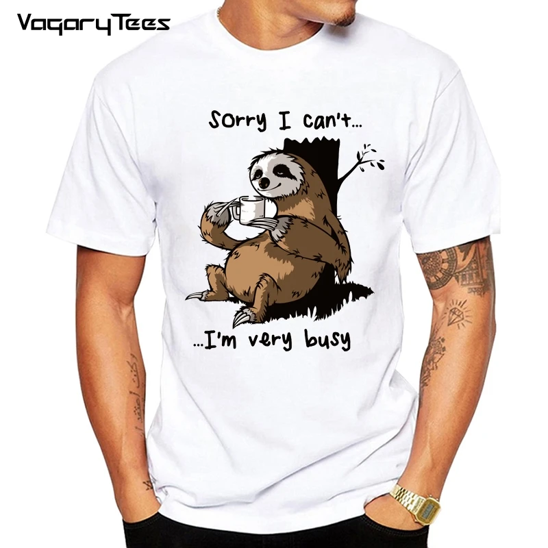 

VagaryTees 2020 Funny busy Sloth Drink coffee Men T-Shirt Hipster Very busy Design Short Sleeve Tops Geek Style Men's Tee Shirts