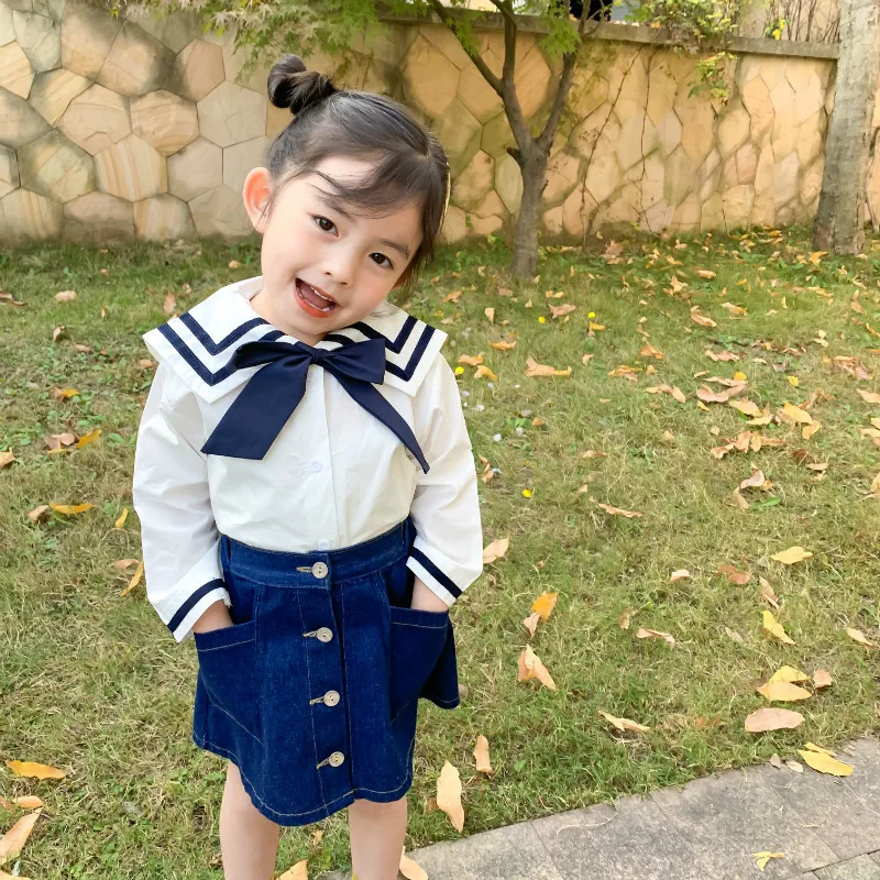

Spring New Arrival korean style cotton navy style long sleeve all-match shirt with bowknot for fashion cute sweet baby girls