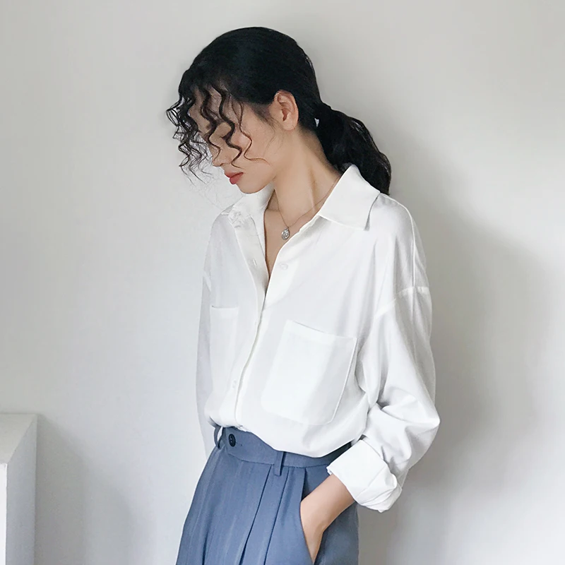 

2021 Spring Turn Down Collar Pocket White Shirts for Women Ol Style Womens Tops and Blouses Elegant Work Wear Loose Tops Blusas