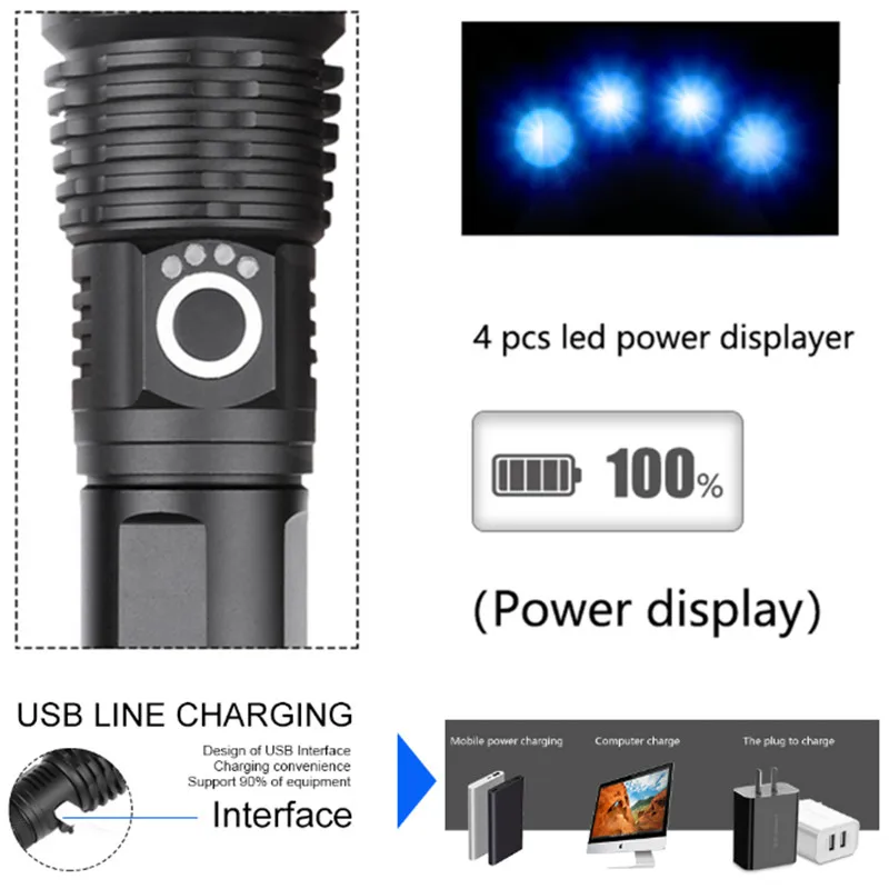 120000 lumens Lamp XHP70.2 Most Powerful Flashlight USB Zoom Led Torch XHP70 XHP50 18650 or 26650 Battery Best Camping, Outdoor