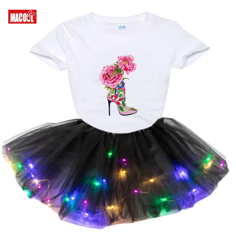 Dress Fashion Light LED Tutu Dress+t Shirt 2 Pcs Set Kids Girls Party Dresses Summer Girl T Shirts Rainbow Tutu Dress T Shirt