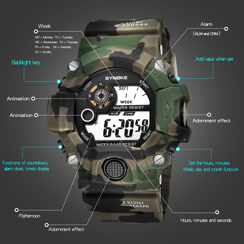 

SYNOKE Men Sports Watches Personality Camouflage Electronic Watch Multifunctional Waterproof Anti-Fall Watch