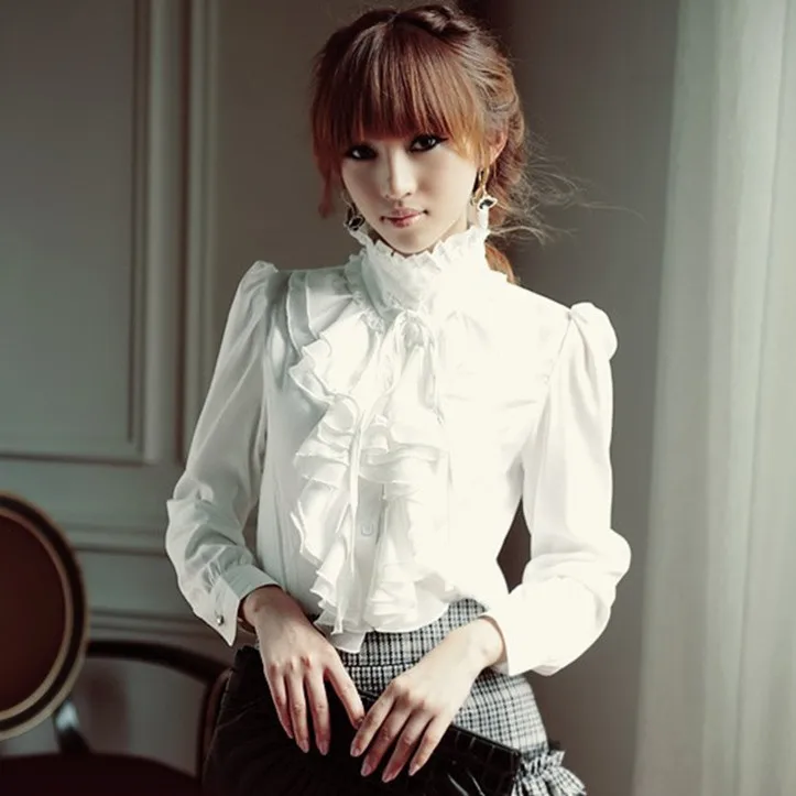 Oversize 5XL Women Lolita Shirt Long Sleeve Stand Collar Chiffon Blouses With Ruffles Ladies Bow Shirt Royal Style Gothic Shirt