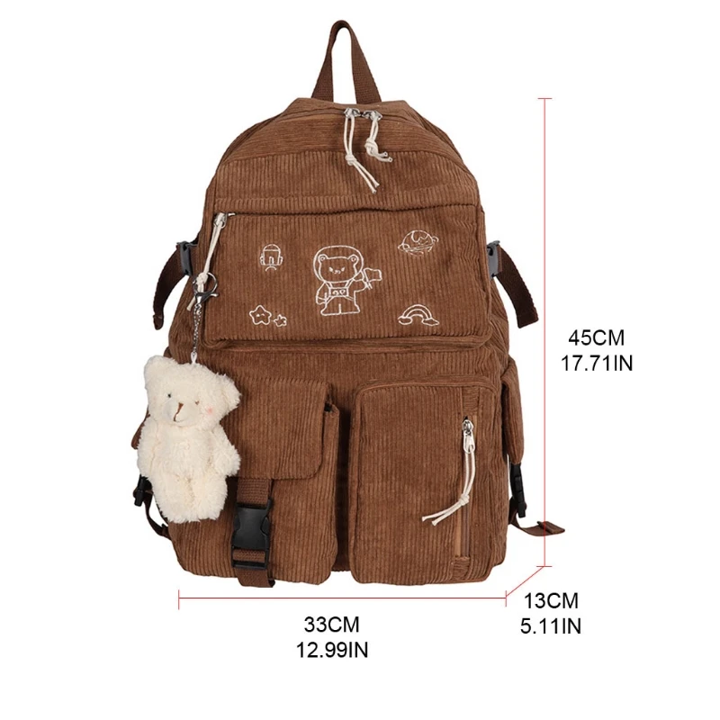 

Cartoon Embroidery Corduroy Backpack Retro Solid Color Casual Daypack Shoulder Bag for Women Girl and Student