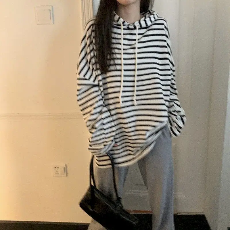 

Женская толстовка с капюшоном, повседневный Свободный пуловер в полоску, с капюшоном, в стиле Харадзюку, 2021