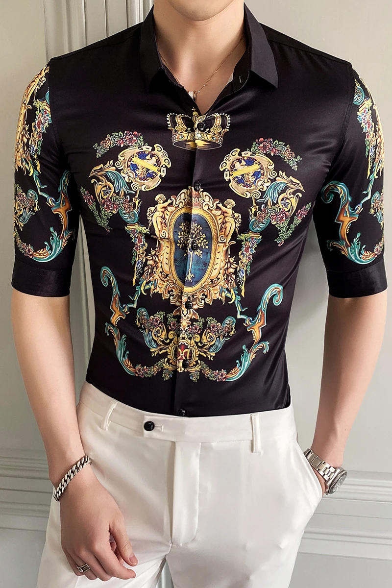 

Baroque Printed Mens Summer Shirts Western Vintage Luxury clothing Mens Stylish Shirts Graduation Party Prom Elegant Dress White