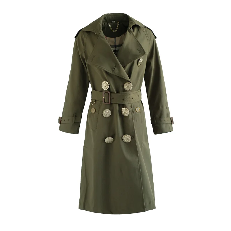 Fall and Winter New Windshirt Female Fashion Turn-lapel Temperament Long Sleeve Slim Army Green Long and Medium-length Coat