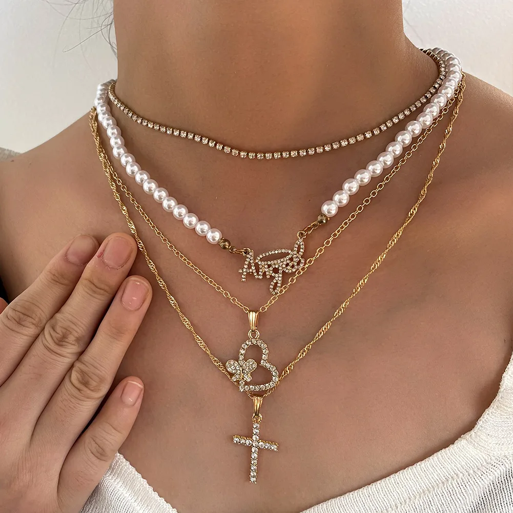 

New Bling Rhinestone Heart Cross Pendant Necklace For Women Fashion Multilayer Pearls Angel Crystal Choker Necklace Jewelry Gift