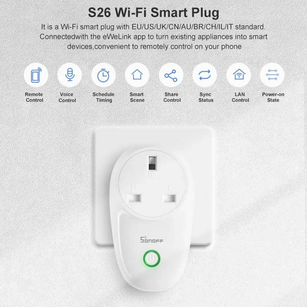 SONOFF S26 WiFi розетка US/UK/CN/AU/EU/IL/CH/IT/BR умные розетки приложение для беспроводного переключателя пульт дистанционного управления для умного дома