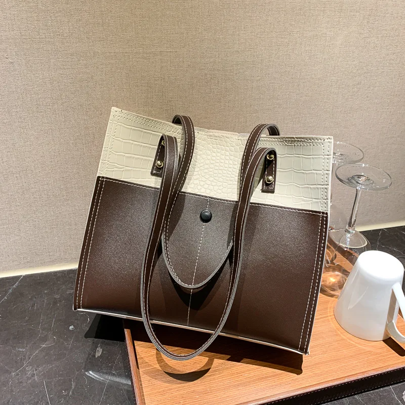 

2021 Summer PU Leather Splicing Shopping Handbag For Women Large Capacity Lady Shoulder Bags Vintage Resuable Big Tote Bag