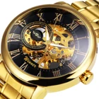 Часы наручные WINNER Мужские механические, брендовые роскошные золотистые классические деловые с металлическим ремешком, со скелетоновым циферблатом