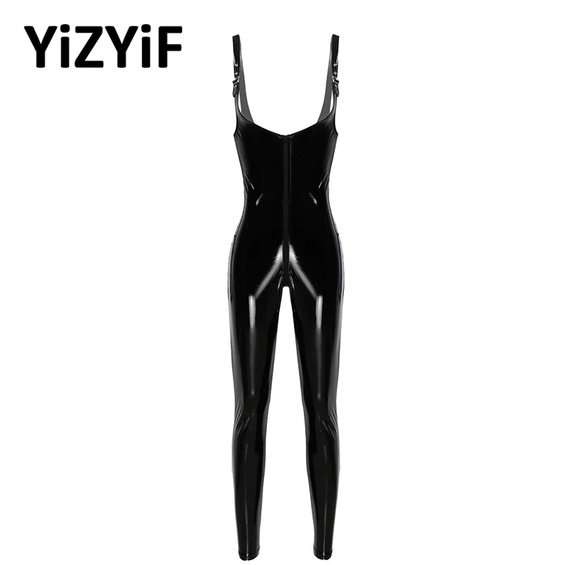 

Sexy Jumpsuit Womens Sleeveless Front Zipper Long Legging Leotard Bodysuit Shiny Metallic Patent Leather Sexy Lingerie Bodysuit