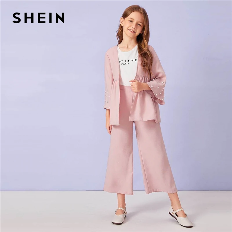 SHEIN Kiddie/розовое пальто с манжетами и широкими штанинами для девочек, комплект детской одежды г., Осенний повседневный костюм с длинными рукавами и оборками